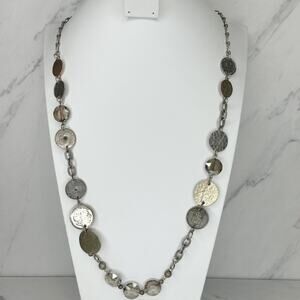 Chico's Long Silver Tone Hammered Coin Crystal Bead Station Necklace ✨